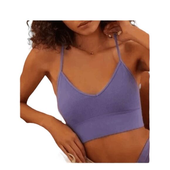 Anthropologie Jenny Seamless T-Back Bralette Purple Ribbed Knit Cami Straps S/M - Picture 1 of 4